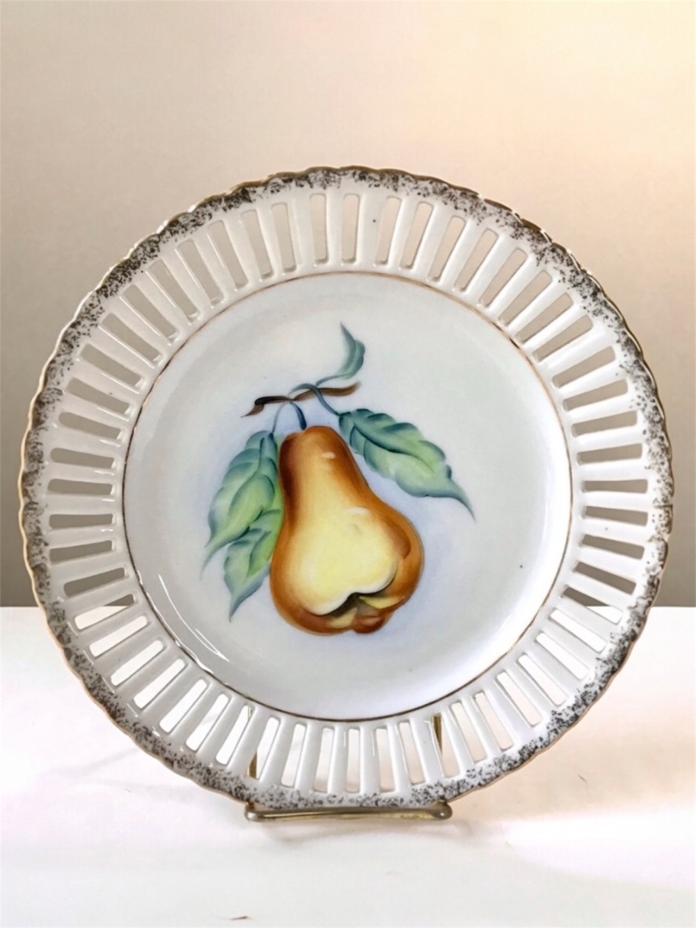 Vintage Wales Decorative Plate Pear Fruit Design Gold Trim Reticulated Japan